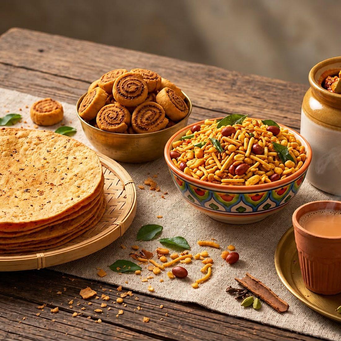 Vinayak Food Product snacks laid out on a table